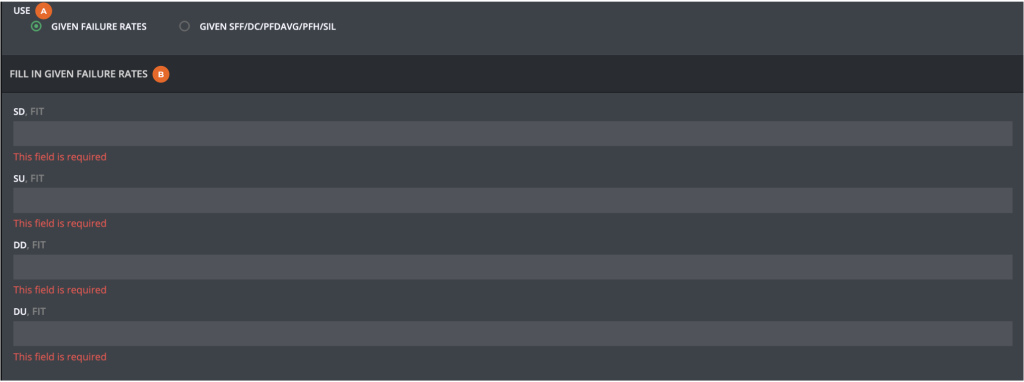 Panel for entering SD, SU, DD, DU failure rates
