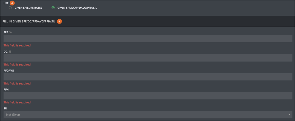 Panel for entering SFF, DC, PFDAVG, PFH and SIL