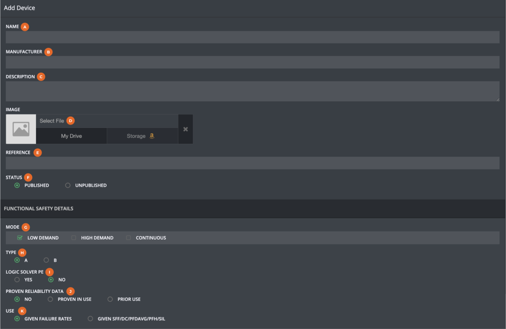 Add Device form – general fields and functional safety header