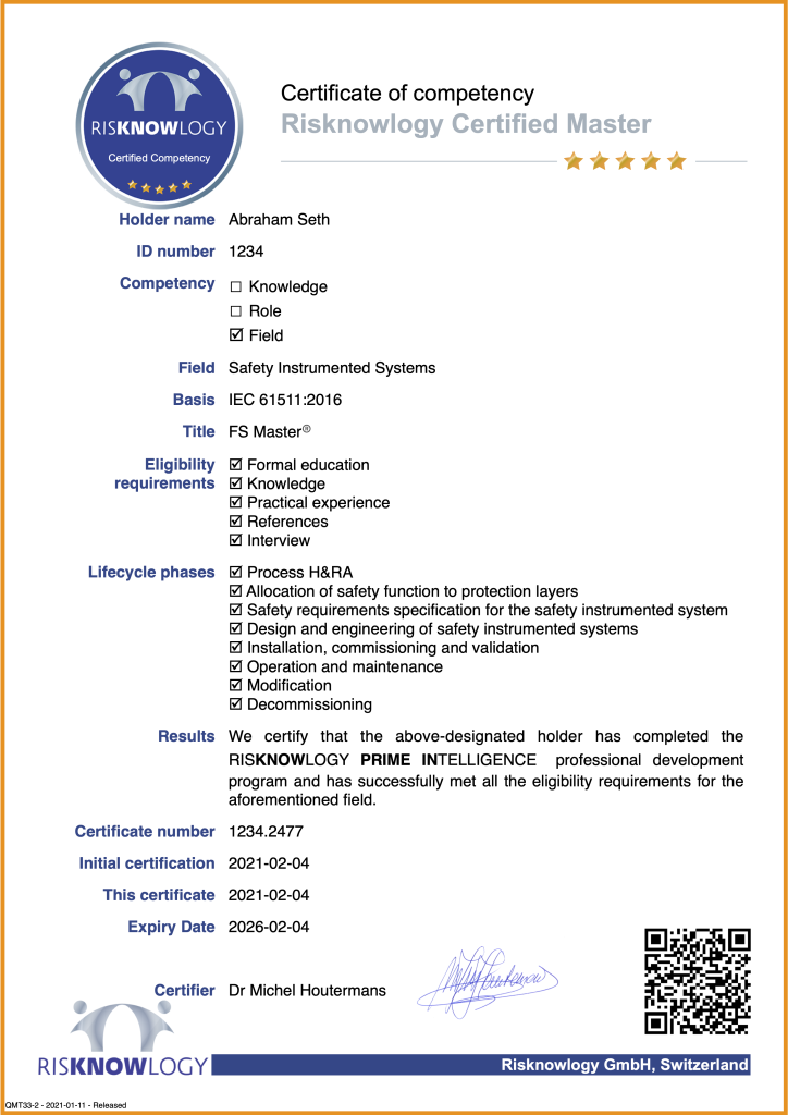 Risknowlogy Master IEC 61511 Field Certificate Risknowlogy Master IEC 61511 Field Certificate